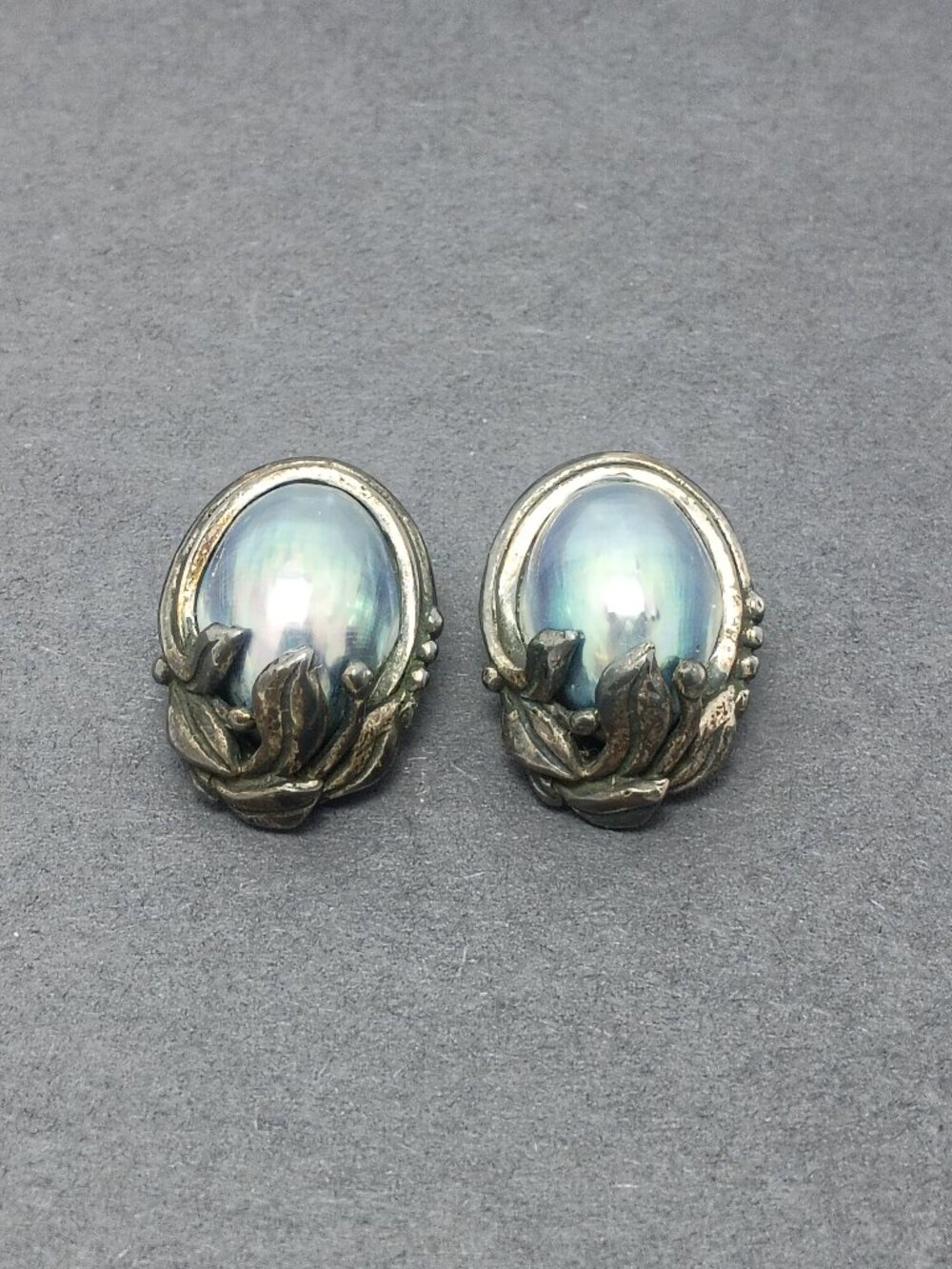 Vintage 925 Sterling Silver Nautilus Shell Oval Bezel Statement Clip On Earrings